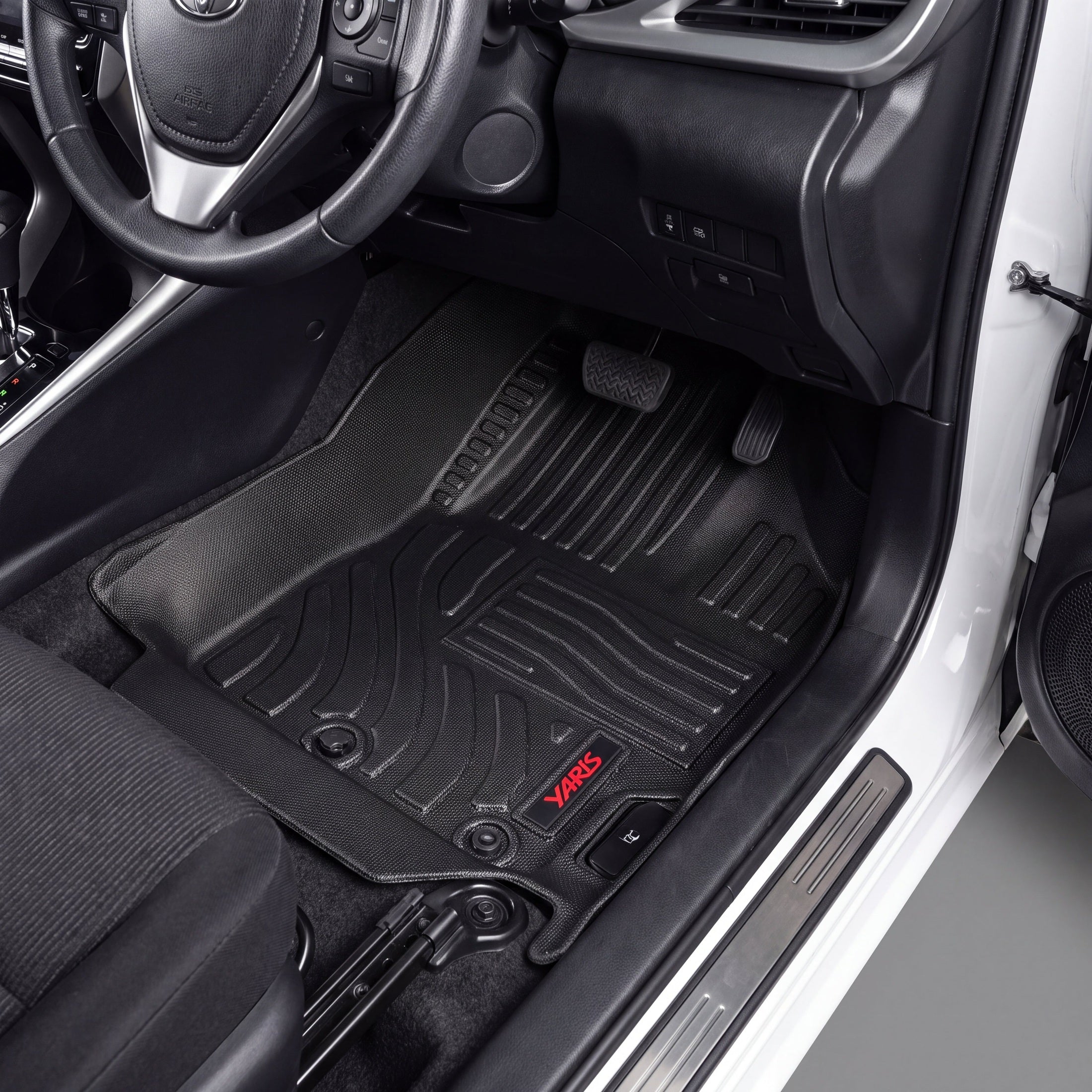 Haseen Toyota Yaris Sedan 9D TPE car floor mats installed – black ribbed waterproof mats, Pakistan