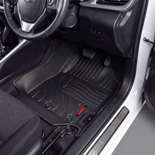Haseen Toyota Yaris Sedan 9D TPE car floor mats installed – black ribbed waterproof mats, Pakistan