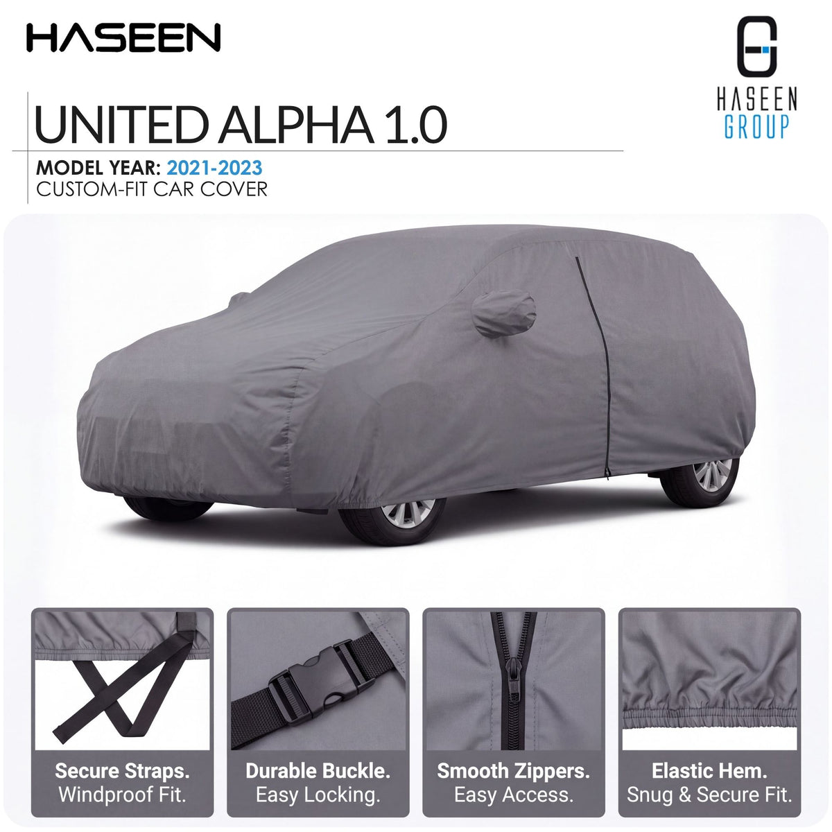 A gray car cover fitted over a car, shown on a white background with HASEEN branding and feature callouts for the United Alpha 1.0 model year 2021-2023 custom-fit car cover.