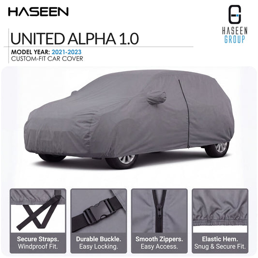 A gray car cover fitted over a car, shown on a white background with HASEEN branding and feature callouts for the United Alpha 1.0 model year 2021-2023 custom-fit car cover.