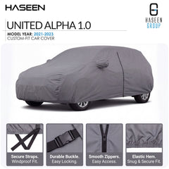 A gray car cover fitted over a car, shown on a white background with HASEEN branding and feature callouts for the United Alpha 1.0 model year 2021-2023 custom-fit car cover.
