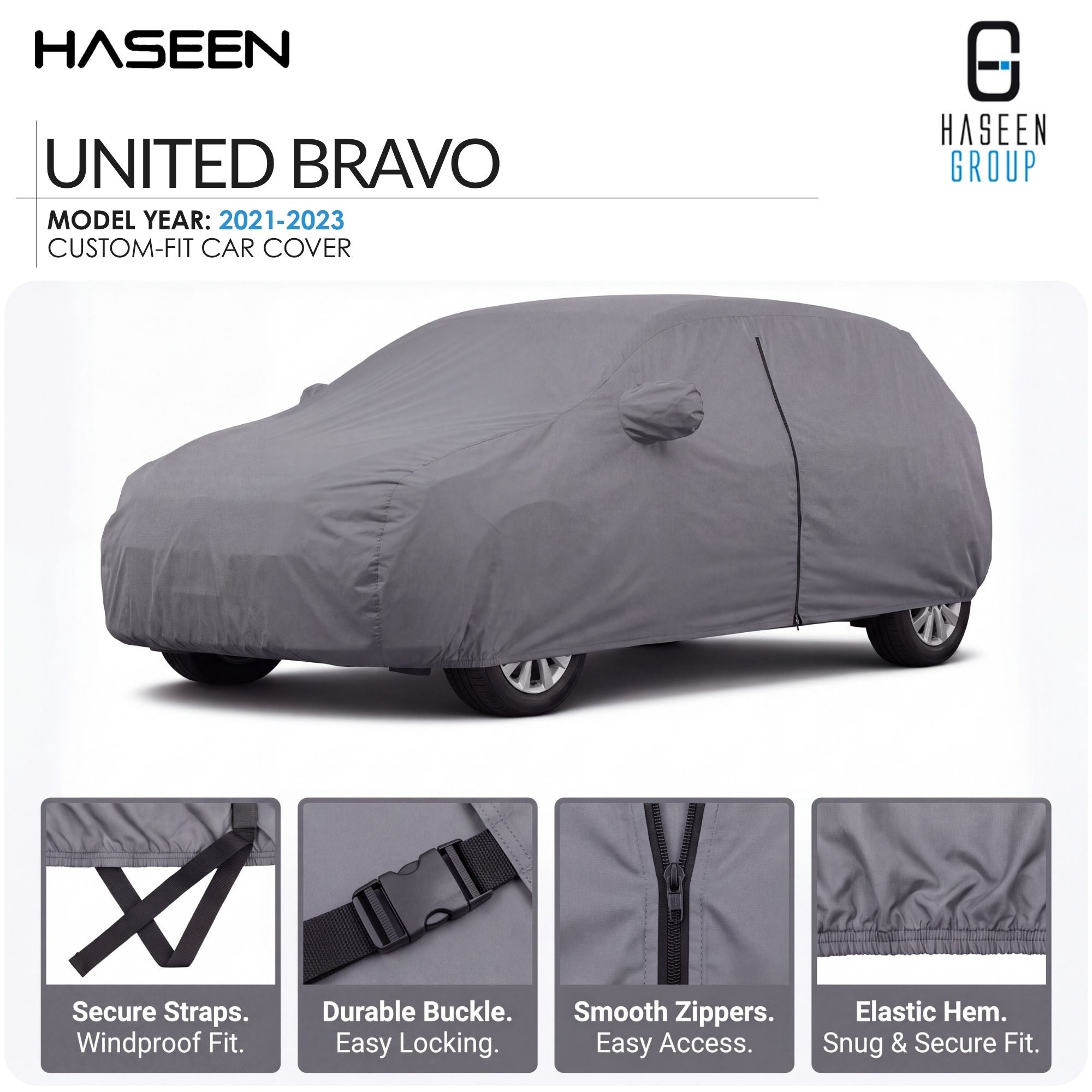A gray car cover fitted over a vehicle, shown on a white background with HASEEN branding and feature callouts for the United Bravo model year 2021-2023 custom-fit car cover.