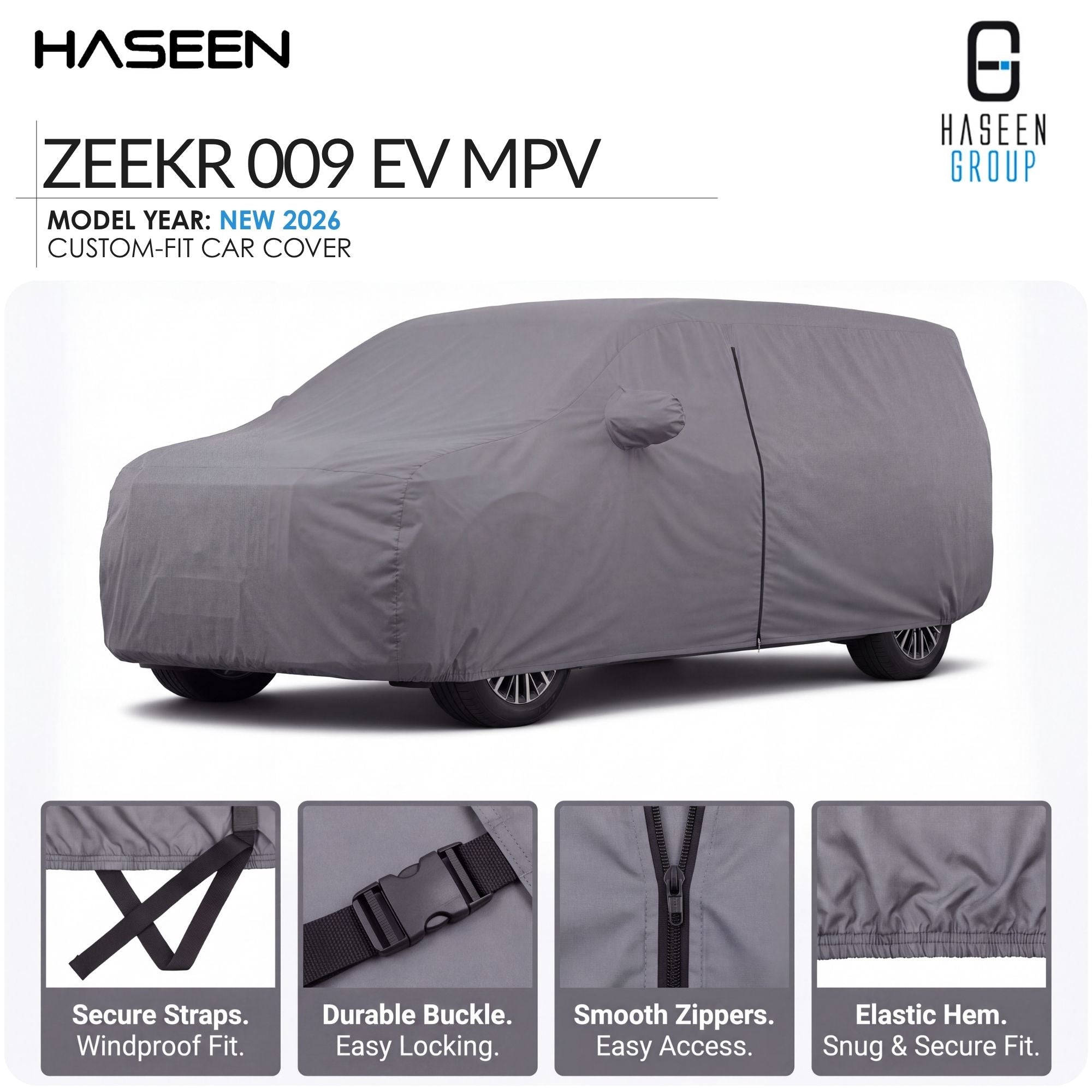 A gray car cover fitted over a vehicle, shown on a white background with HASEEN branding and feature callouts for the ZEEKR 009 EV MPV model year 2026.