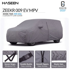 A gray car cover fitted over a vehicle, shown on a white background with HASEEN branding and feature callouts for the ZEEKR 009 EV MPV model year 2026.