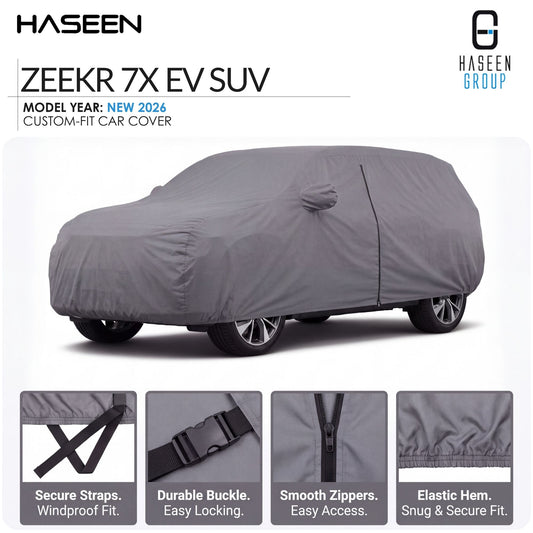 A gray custom-fit car cover shown fitted over a car on a white background, with HASEEN branding and text reading 'ZEEKR 7X EV SUV' and 'Model Year: New 2026'. Four small feature callout panels along the bottom highlight secure straps, durable buckle, smooth zippers, and elastic hem.