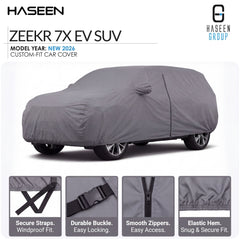 A gray custom-fit car cover shown fitted over a car on a white background, with HASEEN branding and text reading 'ZEEKR 7X EV SUV' and 'Model Year: New 2026'. Four small feature callout panels along the bottom highlight secure straps, durable buckle, smooth zippers, and elastic hem.