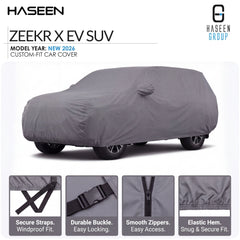 A gray custom-fit car cover shown on a white background, with the text 'ZEEKR X EV SUV' and 'HASEEN GROUP' in the top corners. Four detail panels at the bottom highlight features like secure straps, a durable buckle, smooth zippers, and an elastic hem.